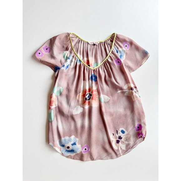 REBECCA TAYLOR Mauve Floral Print Silk Crepe V-Neck Blouse Top, Size 0 - Picture 5 of 11